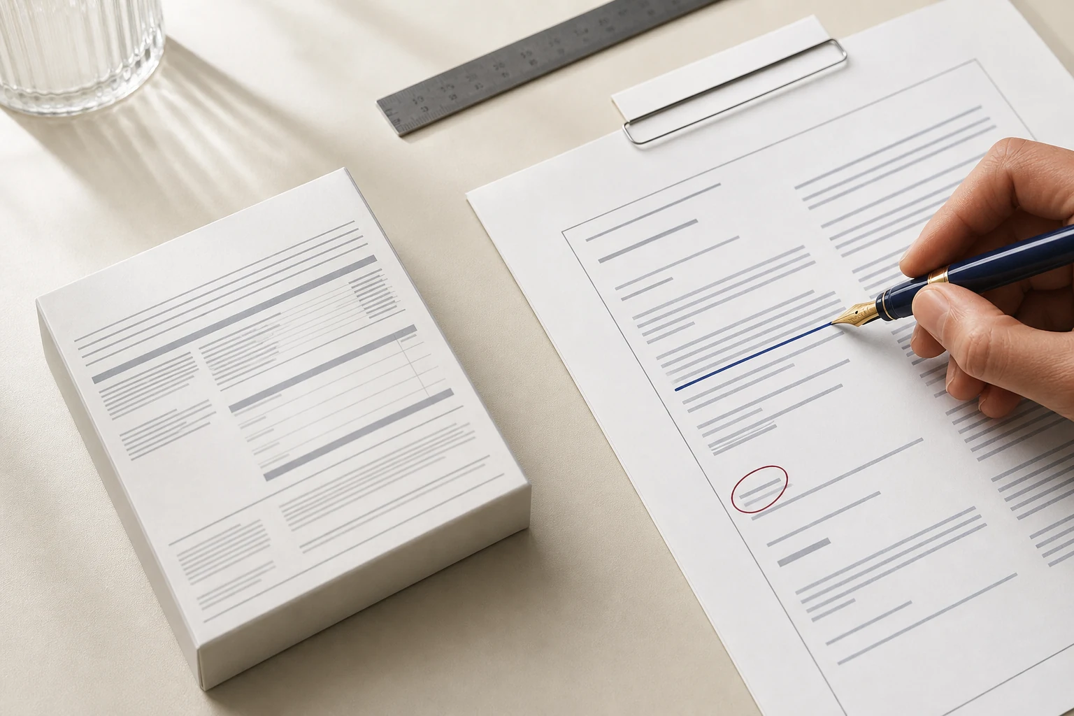 A fountain pen marks a formal document beside an unbranded wellness label
