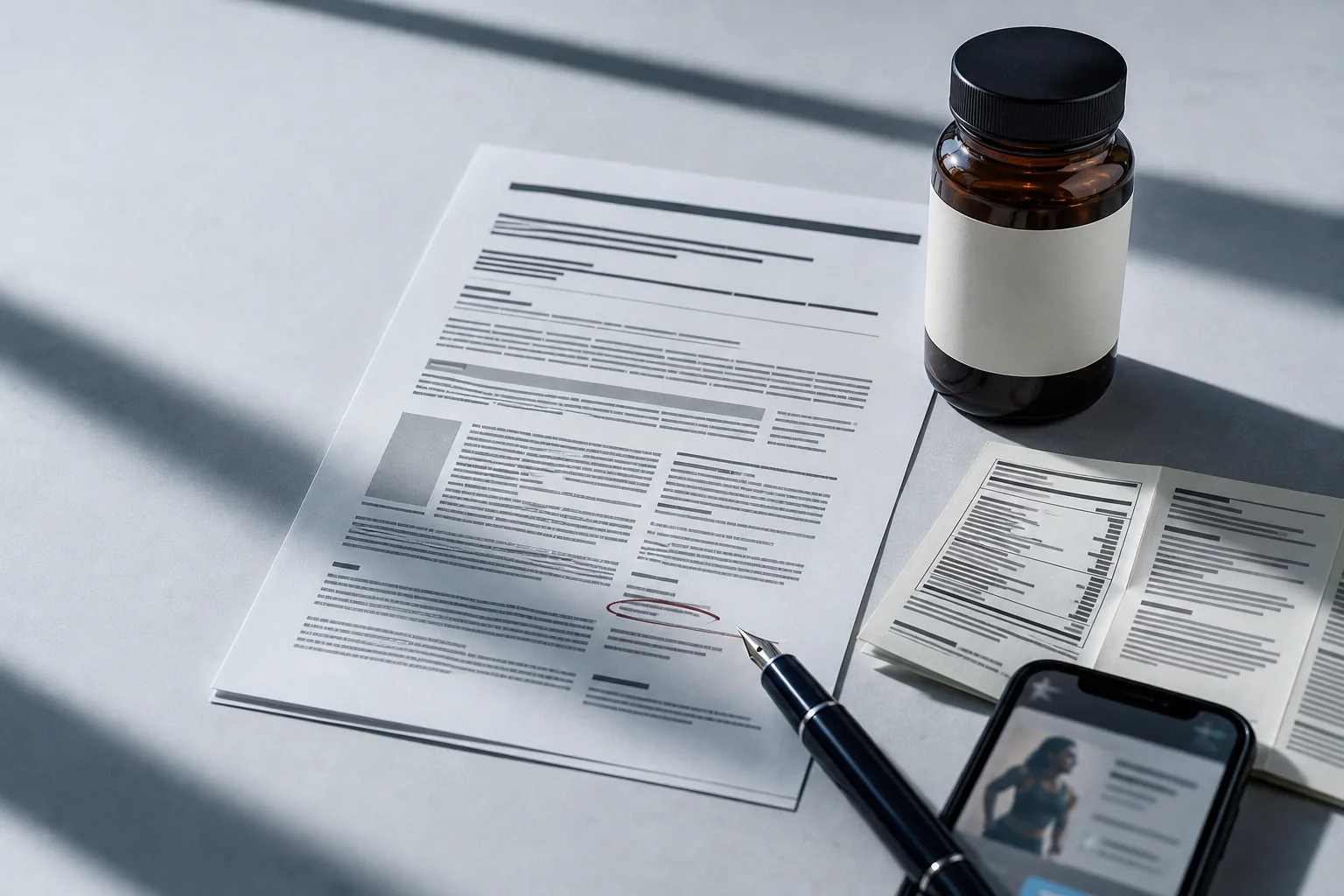 An unbranded supplement bottle beside a checked clinical paper and a phone showing a wellness endorsement